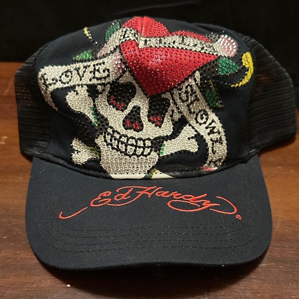 Ed Hardy Black Trucker Hat with Red Heart and Crystal Skull